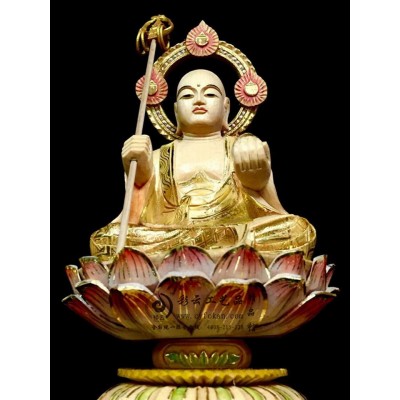 地藏王菩萨加拿大桧木佛像家用供奉神像贴金彩绘工艺雕刻摆件
