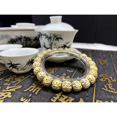 星月菩提原生态鸡油黄手雕龙鳞单圈文玩佛珠手串解压潮流货源代发图4