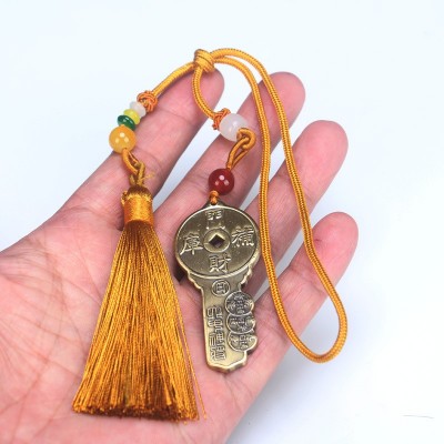 厂家批发纯铜开财库钥匙挂件车挂家居吉祥挂件钱到家五帝钱铜钱图5