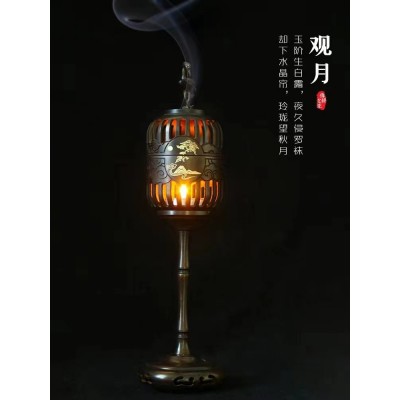 上藏观月熏香炉望月立式香炉笼型组合香炉 古朴多用黄铜香炉套装图2