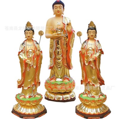 供应木雕极彩释迦佛佛像 树脂玻璃钢贴金一佛二弟子阿难迦叶佛像图5