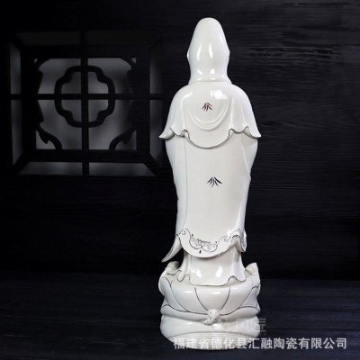 德化白瓷描金观音 站式南海观音立莲笑脸观音菩萨佛像摆图4