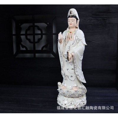 德化白瓷描金观音 站式南海观音立莲笑脸观音菩萨佛像摆图3