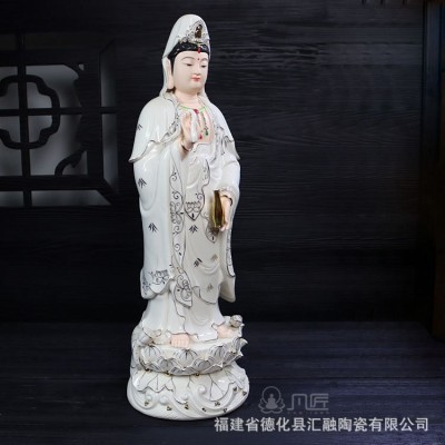 德化白瓷描金观音 站式南海观音立莲笑脸观音菩萨佛像摆图2