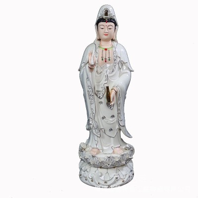 德化白瓷描金观音 站式南海观音立莲笑脸观音菩萨佛像摆图5