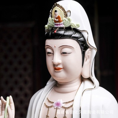 陶瓷笑脸观音佛像 客厅家用供奉佛摆件 微笑观音坐莲观世音菩萨像图4