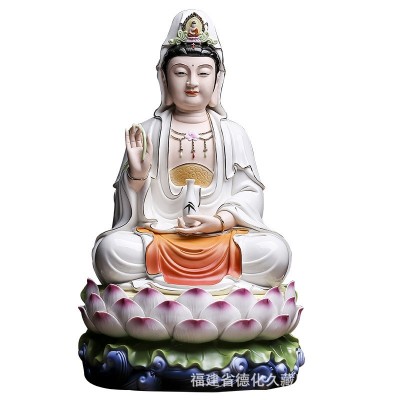 陶瓷笑脸观音佛像 客厅家用供奉佛摆件 微笑观音坐莲观世音菩萨像图5