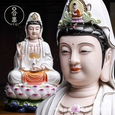 陶瓷笑脸观音佛像 客厅家用供奉佛摆件 微笑观音坐莲观世音菩萨像图3