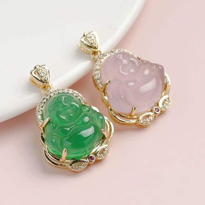 玉髓镶嵌佛公吊坠 金镶玉佛 女士锁骨项链饰品 直播货源保色图4