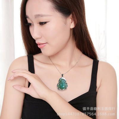 玉器玉镶嵌A货翡翠弥勒佛公玉吊坠女款项链批发工艺品图3