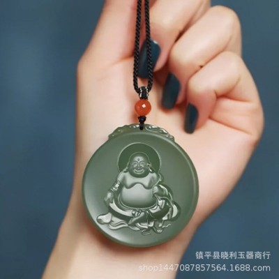 和田玉湖水绿玉佛玉吊坠弥勒佛玉石挂件佛公玉坠大肚佛玉观音玉佩图2
