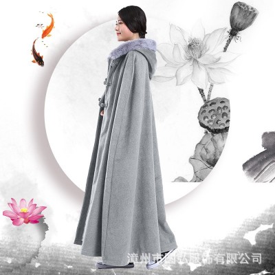 圆弘厂家直销冬季打坐披风禅修斗篷男观音双层毛绒加厚毛领披风图3