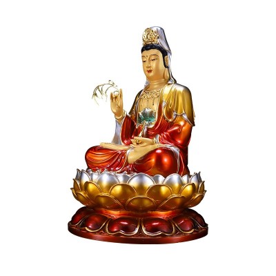 佛堂寺庙扶瓶纯黄铜彩绘观音菩萨家用供奉坐莲观音菩萨佛像摆件图5
