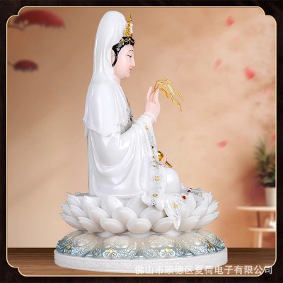 汉白玉观音菩萨家用供奉佛像石雕南海观世音娑婆三圣摆件坐莲坐像图2