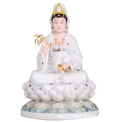 汉白玉观音菩萨家用供奉佛像石雕南海观世音娑婆三圣摆件坐莲坐像图5