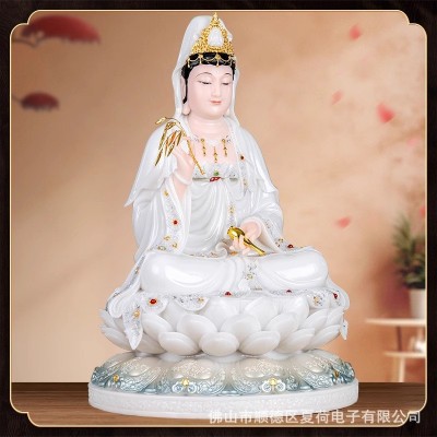 汉白玉观音菩萨家用供奉佛像石雕南海观世音娑婆三圣摆件坐莲坐像图3
