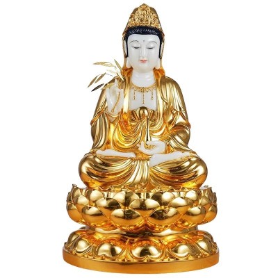 汉白玉观音佛像贴金家里供奉南海观世音菩萨坐莲观音家用佛堂摆件图5