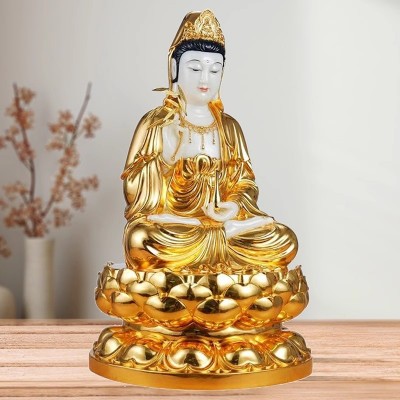 汉白玉观音佛像贴金家里供奉南海观世音菩萨坐莲观音家用佛堂摆件图3