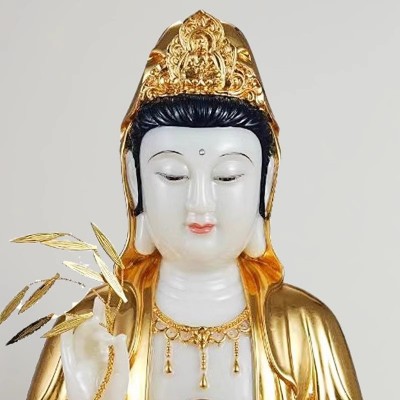 汉白玉观音佛像贴金家里供奉南海观世音菩萨坐莲观音家用佛堂摆件图4