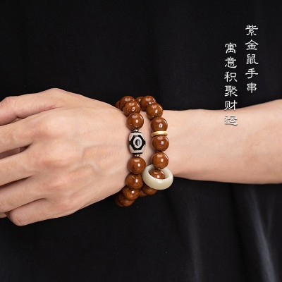 紫金鼠菩提手串三眼天珠手持男款正圆佛珠盘玩跑环双圈手链女图3