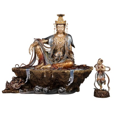 水月观音像黄铜《水月观音》珐琅镶宝观世音菩萨佛像工艺品摆件图4