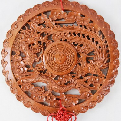 厂家批发桃木龙凤八卦镜挂件 龙凤呈祥木雕摆件家具木雕工艺品图3