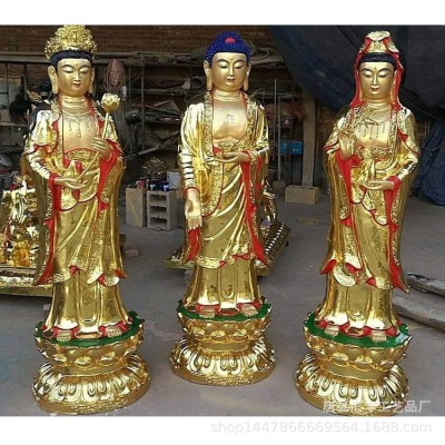 大型铜佛像彩绘铜佛像西方三圣铜佛像 铸铜观音贴金西方三圣厂家图2