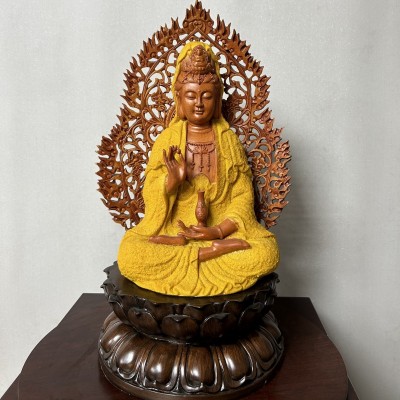 沙金观音摆件 树脂仿木大慈大悲观世音菩萨摆件 中式家居客厅摆件图2