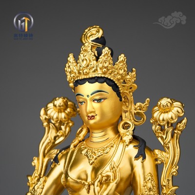 高特精铸 绿度母观音铜鎏金画脸佛像藏传家居供奉佛像纯铜镀金图3