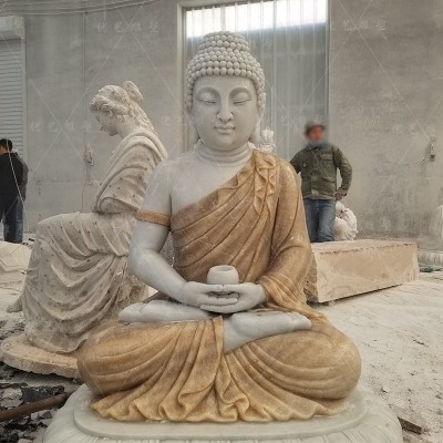 定制石雕佛像娑婆三圣释迦牟尼汉白玉石材雕像大理石拼色寺庙人物