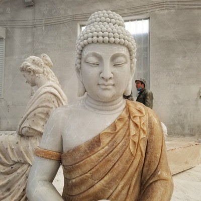 定制石雕佛像娑婆三圣释迦牟尼汉白玉石材雕像大理石拼色寺庙人物图3