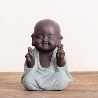 禅意小沙弥可爱佛精品紫砂茶宠个性小陶人摆件手工和尚茶艺桌配件图2