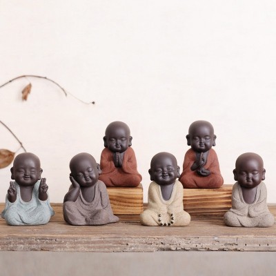 禅意小沙弥可爱佛精品紫砂茶宠个性小陶人摆件手工和尚茶艺桌配件图3