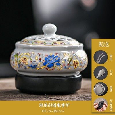 数显电子香薰炉家用定时调温恒温香炉插电珐琅彩缠枝莲花沉香电熏图5