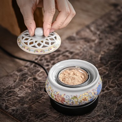 数显电子香薰炉家用定时调温恒温香炉插电珐琅彩缠枝莲花沉香电熏图2
