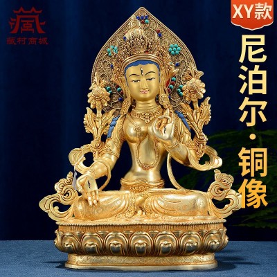 《白度母》铜像尼泊尔手工铜全鎏金雕花宝石镶嵌工艺品摆件带背光图2
