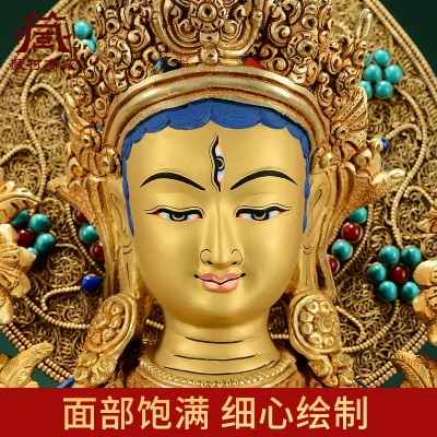 《白度母》铜像尼泊尔手工铜全鎏金雕花宝石镶嵌工艺品摆件带背光图3